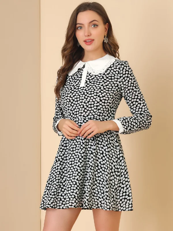 women's midi dressesRuffle Peter Pan Collar Button Long Sleeve Floral Mini Dress