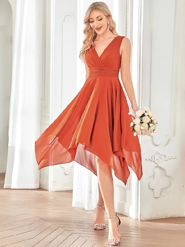 women's neon dressesA-Line Bridesmaid Dress V Neck Sleeveless Elegant Short / Mini Chiffon with Pleats / Tier / Solid Color