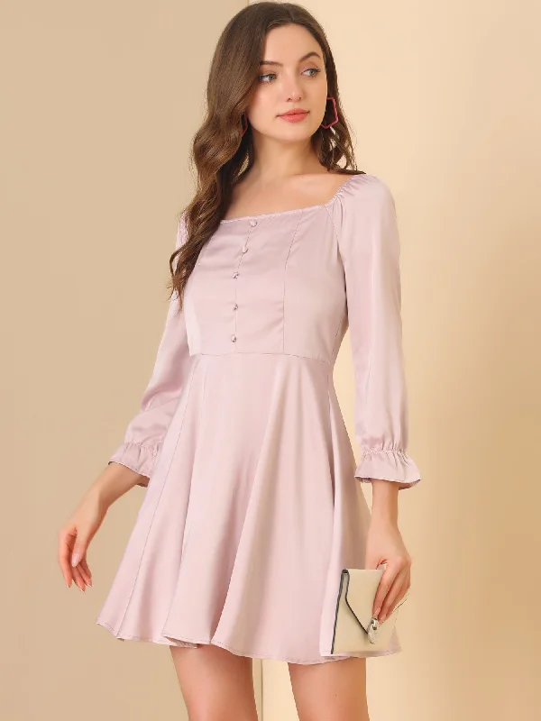 Retro DressSatin Mini Square Neck Long Sleeve Fit and Flare Dress