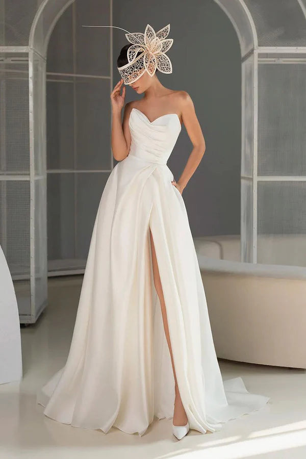 High-Low DressA line Sweetheart satin pleated minimalist wedding dress with pockets