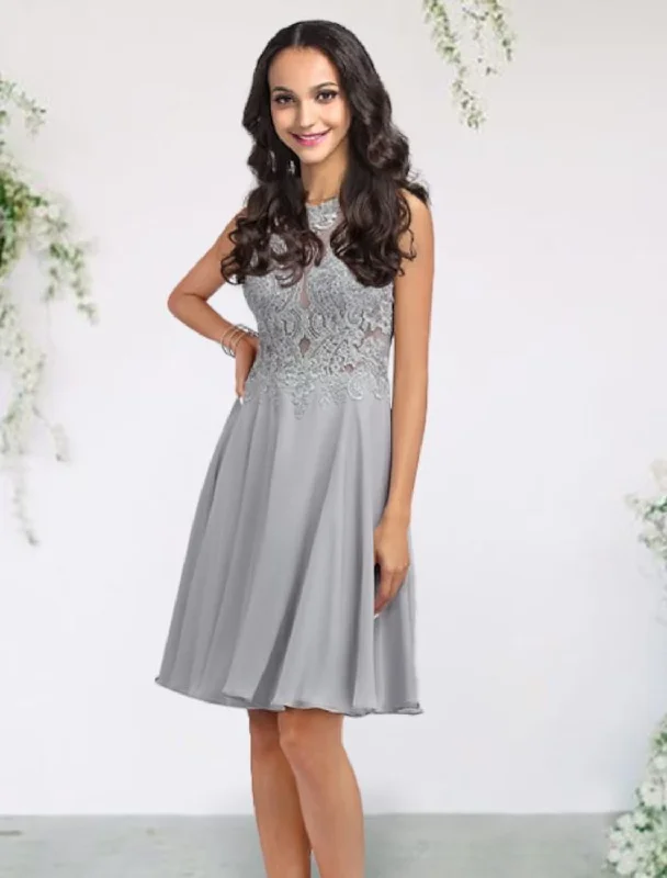 women's wrinkle-resistant dressesA-Line Bridesmaid Dress Jewel Neck Sleeveless Elegant Short / Mini Chiffon / Lace / Tulle with Pleats / Appliques