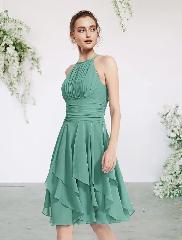 women's trendy dressesA-Line Bridesmaid Dress Jewel Neck Sleeveless Elegant Short / Mini Chiffon with Pleats / Cascading Ruffles