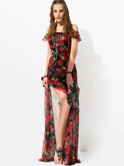 women's everyday dressesRed Floral Sleeveless Women's Maxi Dress