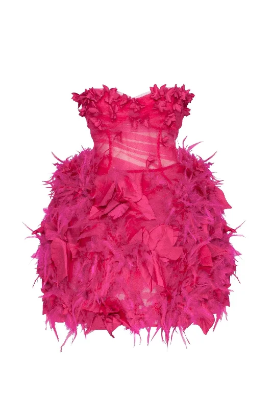 Leather DressEpic fuchsia tulle mini dress with floral and feather application