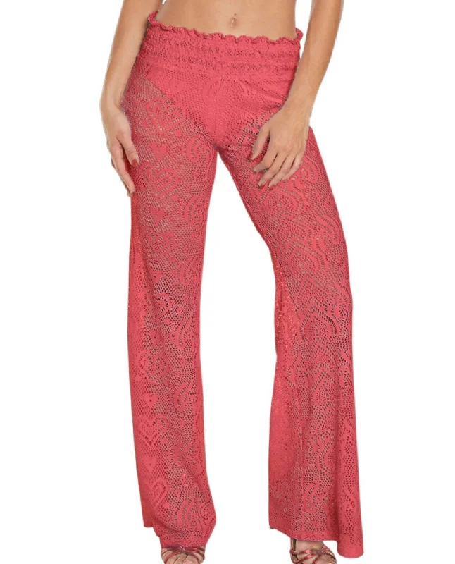 women's travel pantsHeart Crochet Smocked Beach Pants In Coral