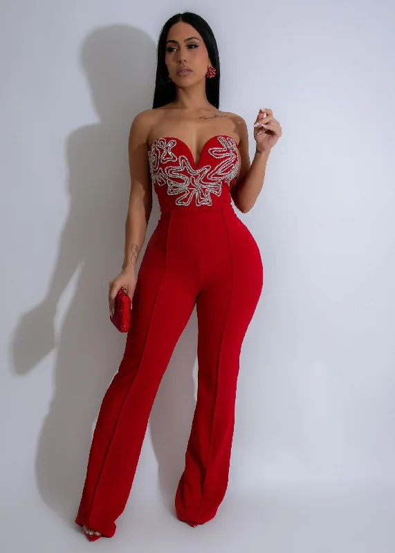 women's flutter-sleeved dressesCelestial Bloom Rhinestones Jumpsuit Red