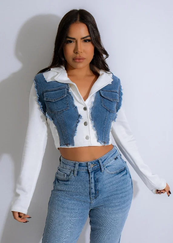 women's apple-shaped body dressesEdge Fusion Distressed  Denim Jacket White