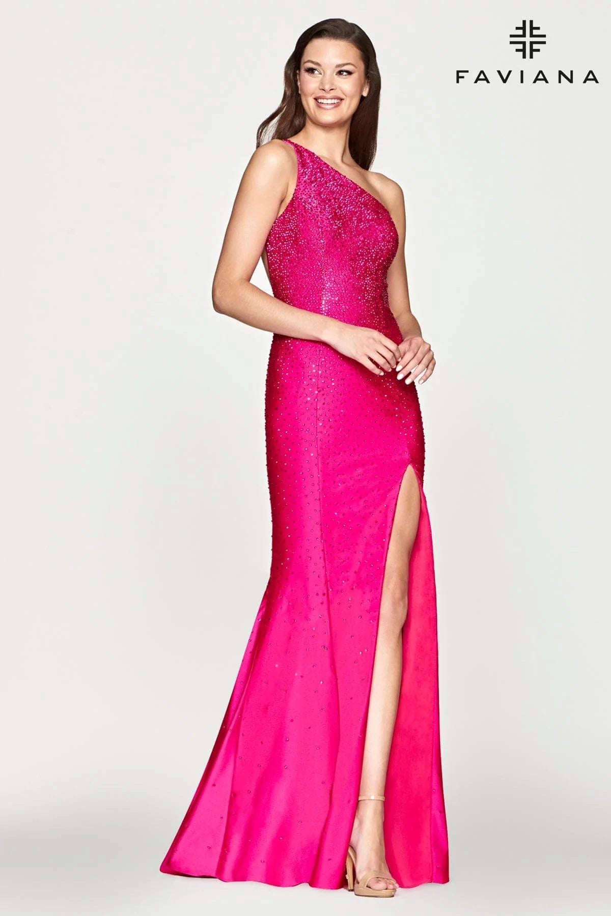 Casual DressFaviana S10632 One Shoulder Heat Stone Gown | Hot Pink, Navy, Red, Black