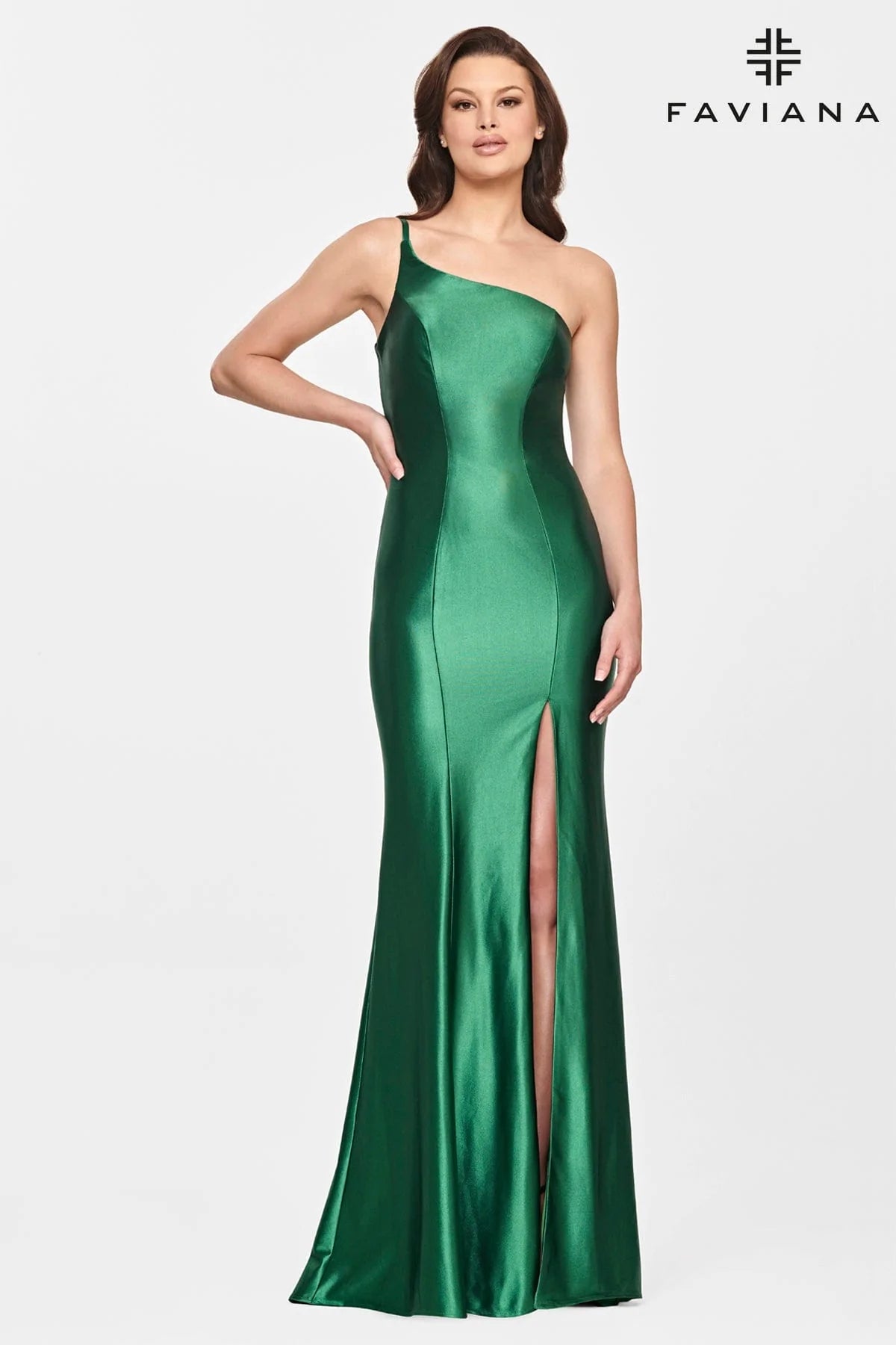 women's glam dressesFaviana 10811 Satin One Shoulder Strap Gown | Dark Emerald