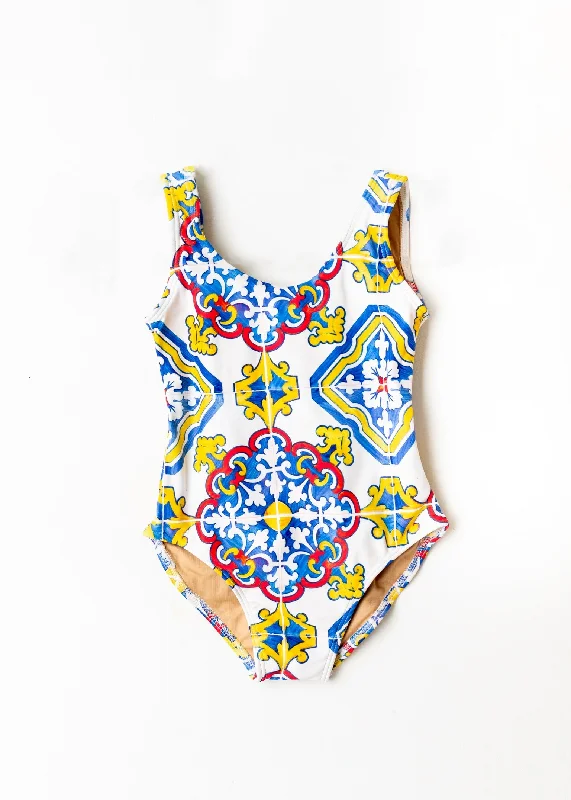 women's bridesmaid dressesSpanish Tile Swimsuit Kid White