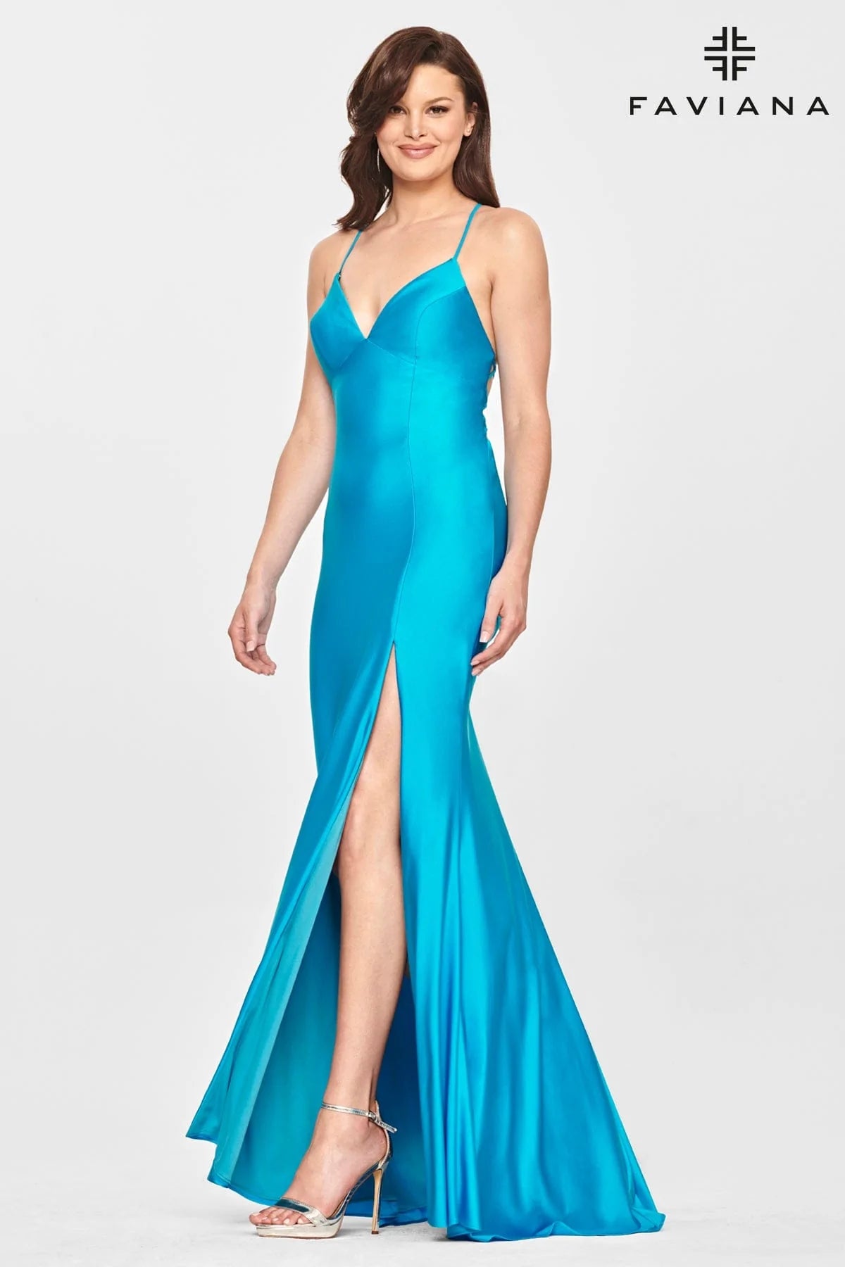 Button-Down DressFaviana 10826 Straight V With Slit | Dark Emerald, Hot Pink, Sea Blue