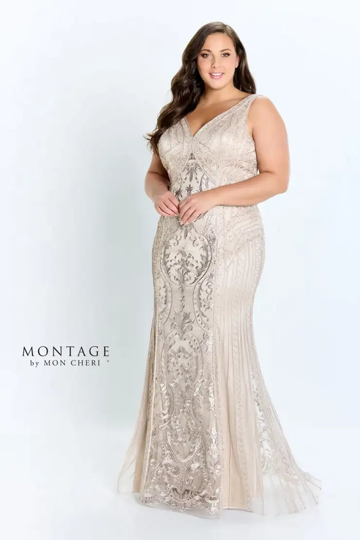 women's empire-line dressesMontage 118975 V-Neck Ribbon Lace Gown