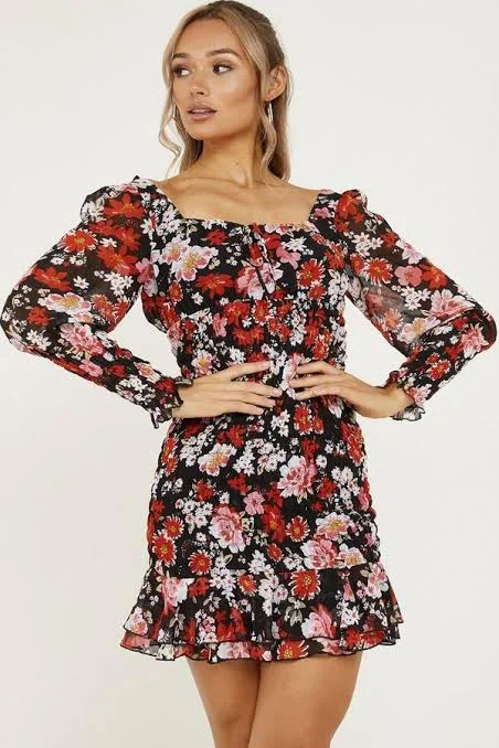 women's velvet dressesFloral Chiffon Bodycon Dress