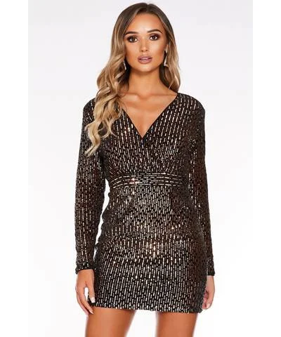 women's short-sleeved dressesSam Faiers Sequin Wrap Front Long Sleeve Bodycon Dress