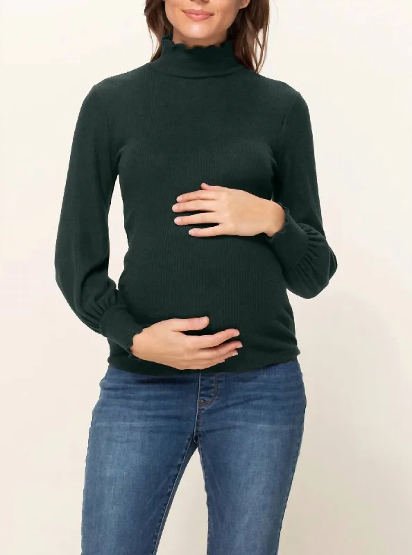 Pullover Chunky SweatersCurly Hem Mock Neck Ribbed Sweater Knit Maternity Top In Dark Green