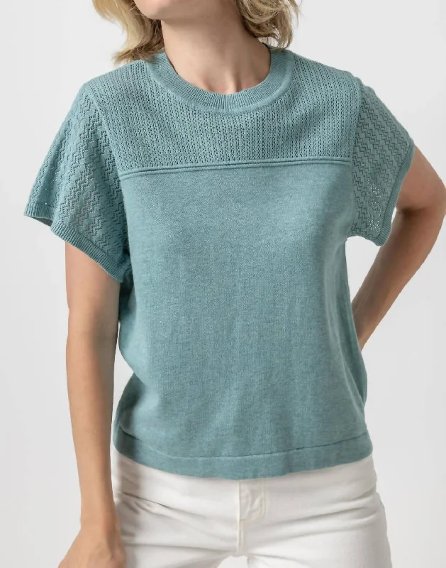 Elegant SweatersPointelle Crewneck Sweater In Sea Blue