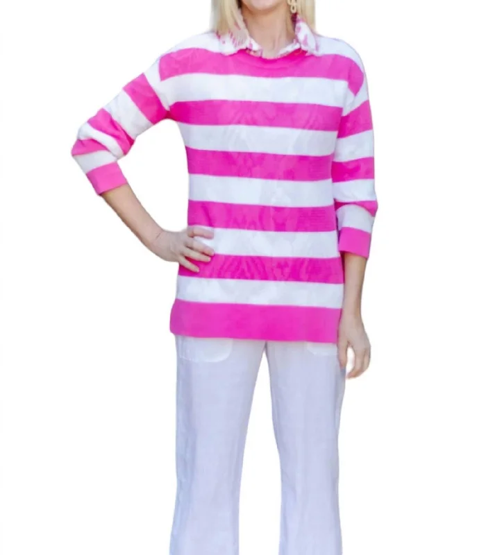 Custom SweatersStriped Crew Sweater In Pink