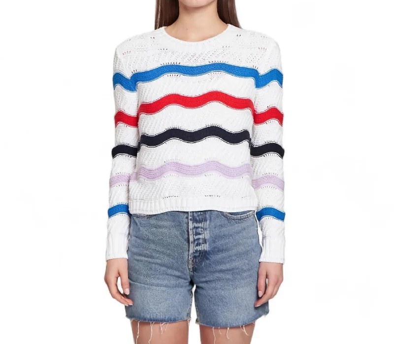 Plus-Size Pullover Chunky SweatersWavy Stripe Crew Sweater In White Brights